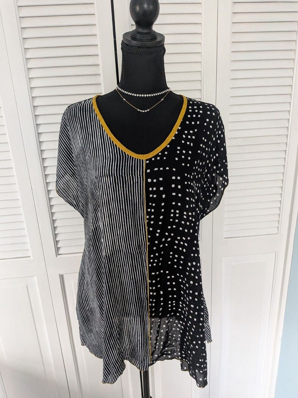 Iguana Tunic Blouse Womens M Black Gold Art To Wear Stripe Polka Dot Pocket Top